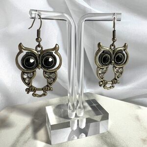Rhinestone owl pewter dangle earrings